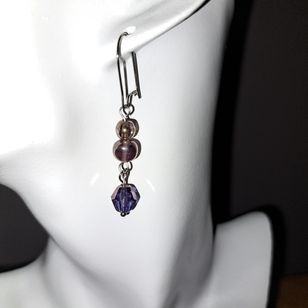 Handmade Copper/ Purple AB Glass, Glazed & Crystal & Beaded Earrings